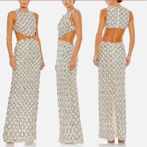 MAC DUGGAL 10909 EMBELLISHED HIGH NECK CUTOUT NUDE SILVER GOWN sz 4